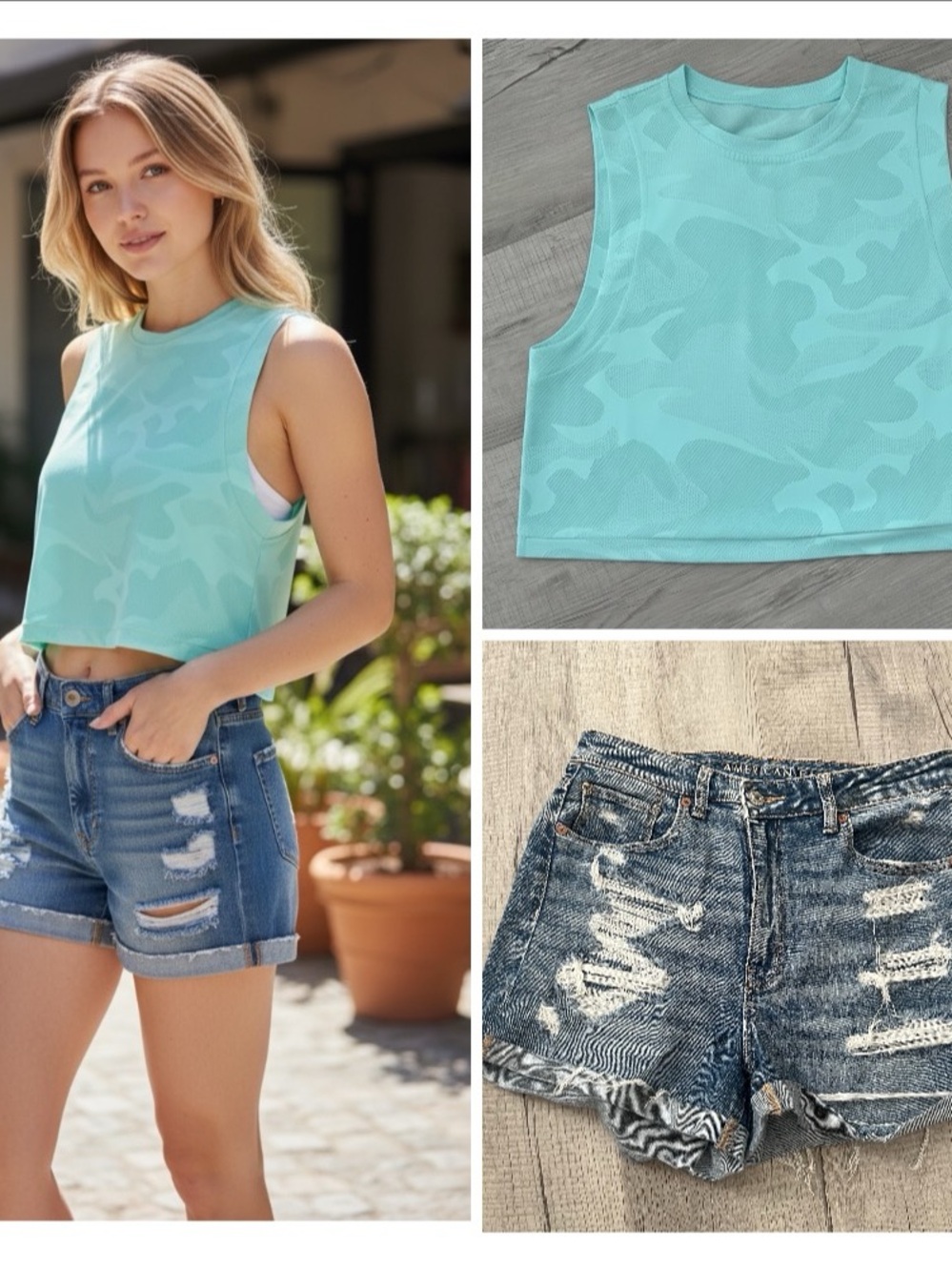 SHEIN Blue Camo Crop Top & American Eagle Distressed Denim Shorts Set | L & 8